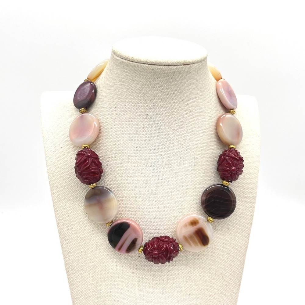 Patti Gregory Chunky Agate and Carved Floral Bead Statement Necklace Burgundy
